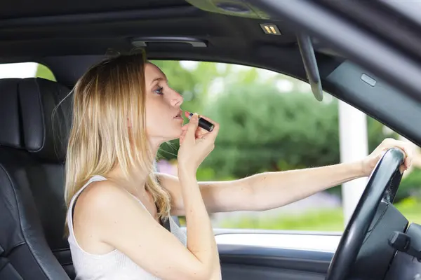 Woman Looking Car Mirror Apply Lipstick — Stock Photo, Image