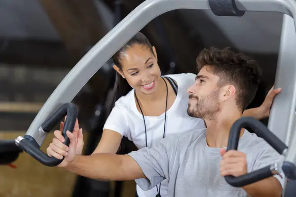 Man Her Personal Trainer Discussing Training Plan Gym — Stock Photo, Image