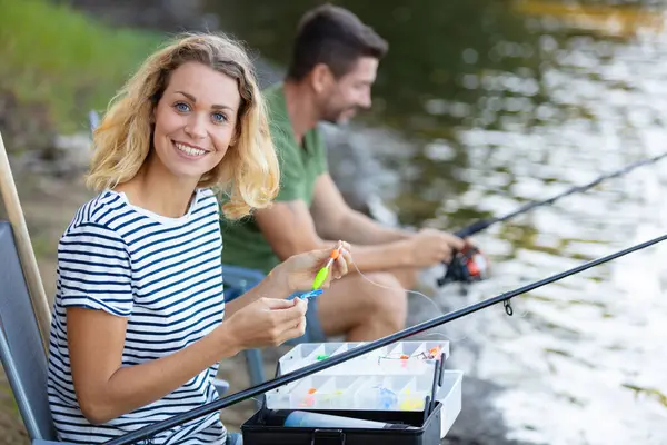 Funny Couple Fishing River — Stock Photo, Image