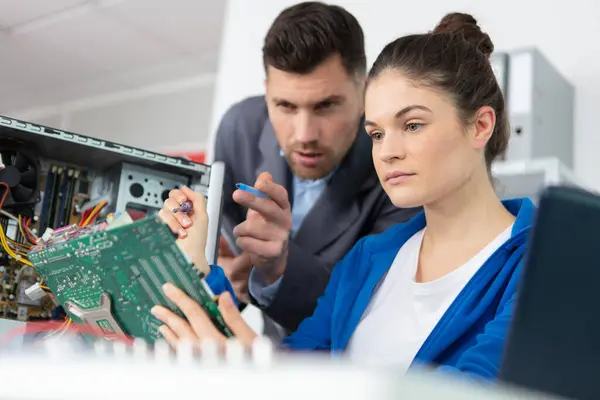 Ung Kvinnlig Elektronikarbetare Med Datormoderkort Royaltyfria Stockbilder