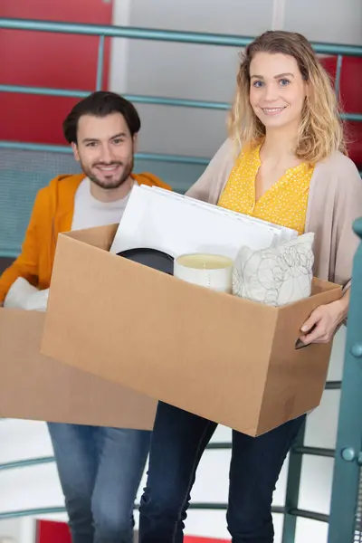 Couple Carrying Cardboard Boxes Stairs New House — Stock Photo, Image