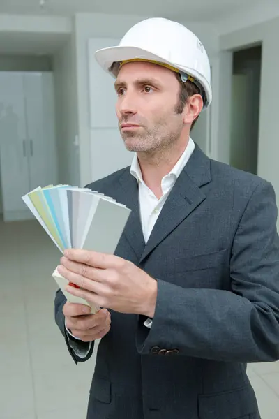 Suited Man Holding Soft Hued Paint Swatches — Stock Photo, Image