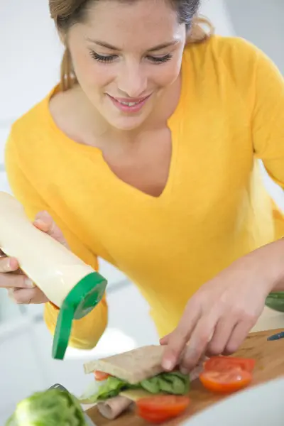Woman Adding Mayonnaise Salad Sandwich — Stock Photo, Image