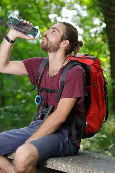 Junger Männlicher Wanderer Trinkt Wasser Stockbild