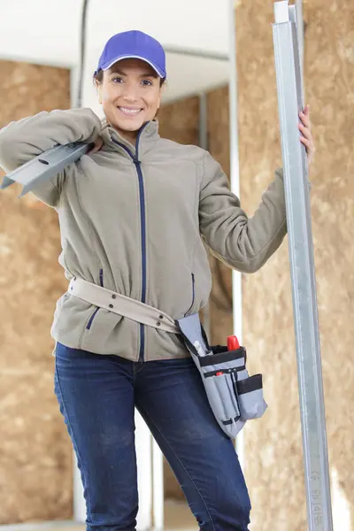 Happy Builder Woman Smiling Indoors — Stock Photo, Image