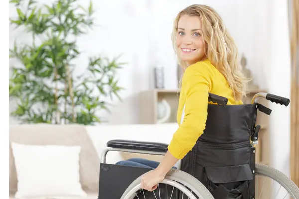 Happy Woman Wheelchair Smiling Home — Stock Photo, Image