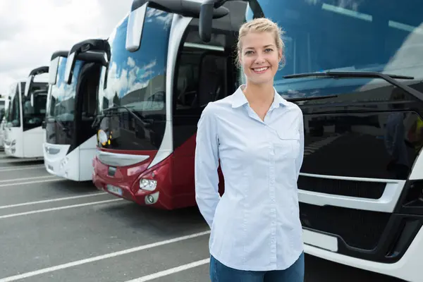 Female Bus Operator Posing Front Buses - Stok İmaj