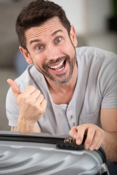 Happy Funny Man Showing Thumbs White Background Stockbild
