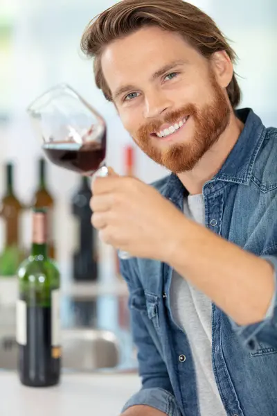 Portrait Happy Man Tilting Wineglass — Stock Photo, Image