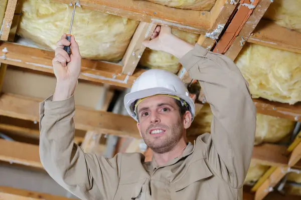 Man Working Wooden Ceiling Joists — Stock Photo, Image