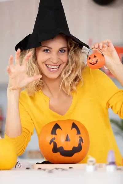 Woman Witch Hat Holding Halloween Pumpkin Imagen De Stock