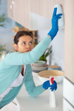 young beautiful woman cleaning kitchen clipart