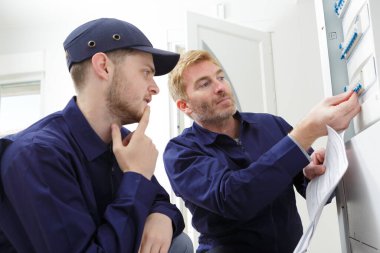 electrical apprentice observing teacher switch the panel clipart