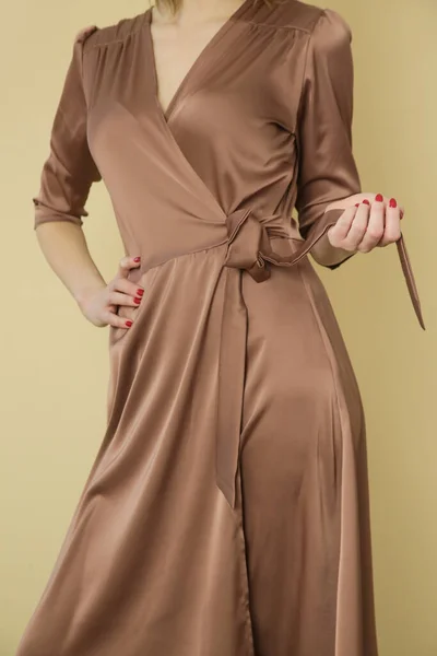 穿着褐色绸缎围裙的年轻女模特演播室照片系列 — 图库照片