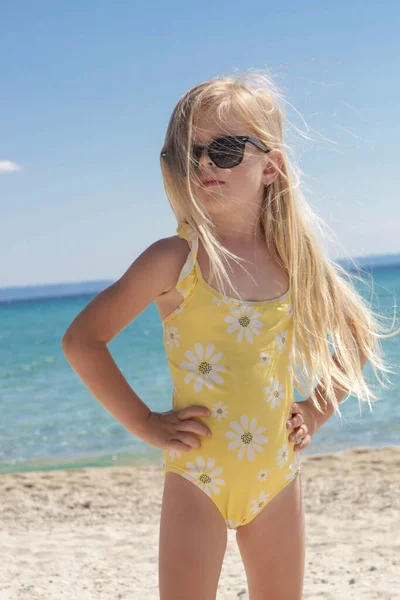 Portrait Years Old Girl Yellow Swimsuit Long Blonde Hair Blue — Stockfoto