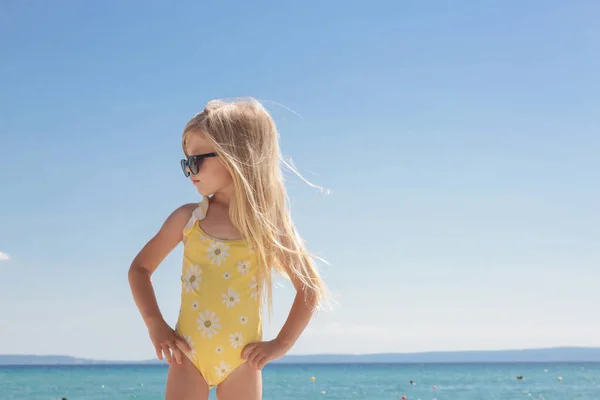 Portrait Years Old Girl Yellow Swimsuit Long Blonde Hair Blue — Stockfoto