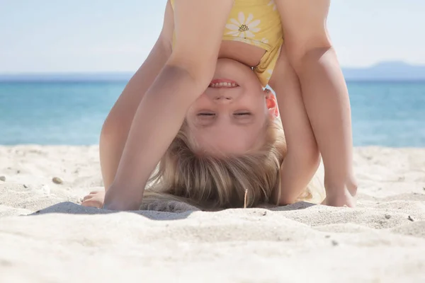 Happy Little Girl Standing Upside Sandy Beach Healthy Lifestyles Concept — 图库照片