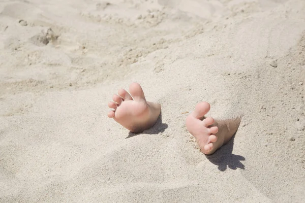 Child Feet Buried Sand Beach — 图库照片