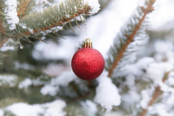 Venkovní Vánoční Stromek Pokrytý Sněhem Zdobený Vánoční Bublinkovou Ozdobou Koncept — Stock fotografie