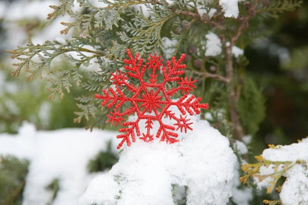 Red Glittered Snowflake Christmas Ornament Snow — Stock Photo, Image
