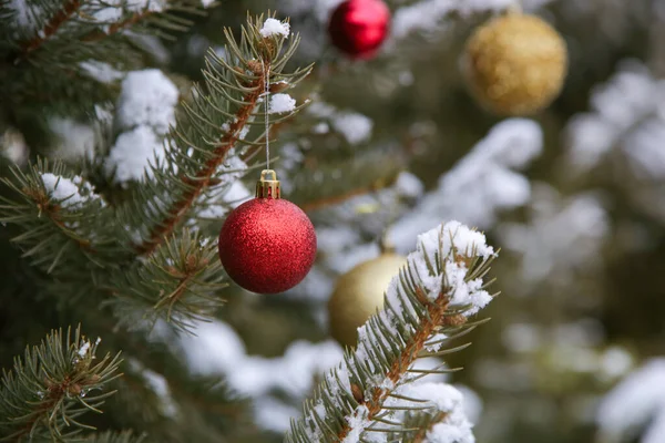 Buiten Kerstboom Bedekt Met Sneeuw Versierd Met Kerstbelletjes Ornamenten Vakantie — Stockfoto