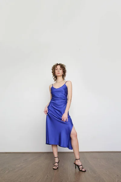 Woman Blue Silk Satin Camisole Dress Studio Shot — Stock Photo, Image