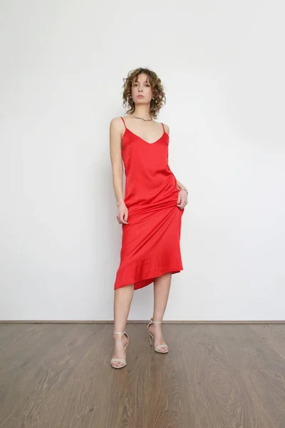 Woman Red Silk Satin Camisole Dress Studio Shot — Stock Photo, Image