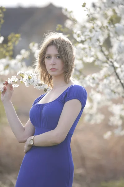 Spring fashion campaign.Outdoor portrait of female model between blooming trees.Beautiful woman in blue maxi dress enjoying nature in most beautiful flowering orchard.