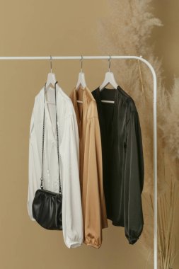 Kadın kıyafetleri. Moda atölyesinde şık ve zarif saten uzun kollu bluzlar. Minimalist moda blogu kavramı.