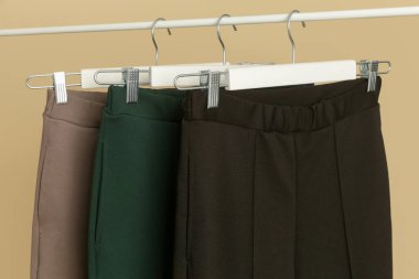 Women's Clothes. Clothes rack with classic business casual trousers in different colors. Good quality timeless fashion pieces.