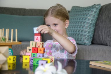 Adorable little girl playing with wooden toys at home