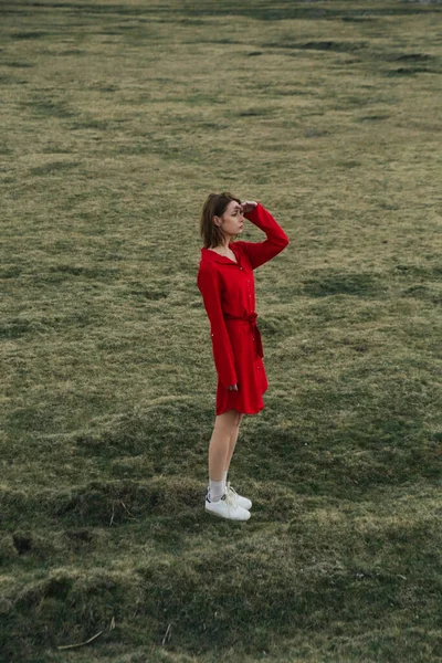 Yeşil Çayır Üzerinde Kırmızı Elbiseli Genç Bir Kadının Moda Portresi — Stok fotoğraf