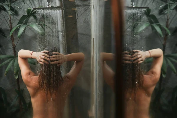 Young Woman Taking Shower Washing Her Hair Shower Cabine —  Fotos de Stock
