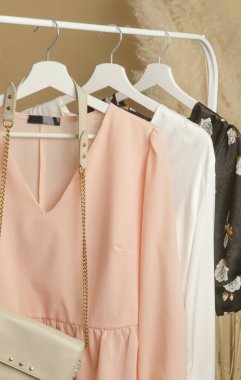 Kadın kıyafetleri. Moda atölyesinde şık ve zarif saten uzun kollu bluzlar. Minimalist moda blogu kavramı.