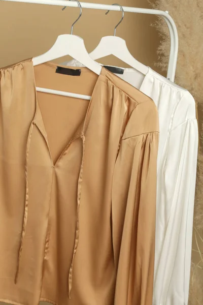 Women Clothes Clothes Rack Stylish Elegant Satin Long Sleeved Blouses — Stock Photo, Image