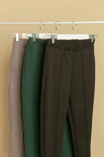 Ropa Mujer Perchero Con Pantalones Informales Clásicos Negocios Diferentes Colores —  Fotos de Stock