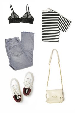 Kadın kıyafetleri kolajı beyaz arka planda izole edilmiş. Basit bir yaz kıyafeti..