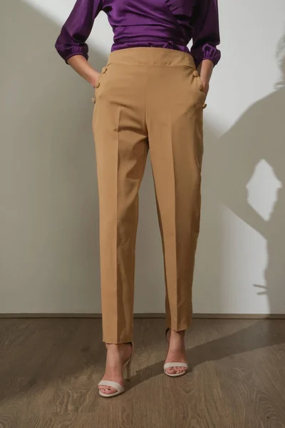 Γυναικείο Μοντέλο Που Φοράει Μπεζ Smart Casual Παντελόνι Φωτογραφία Στούντιο — Φωτογραφία Αρχείου