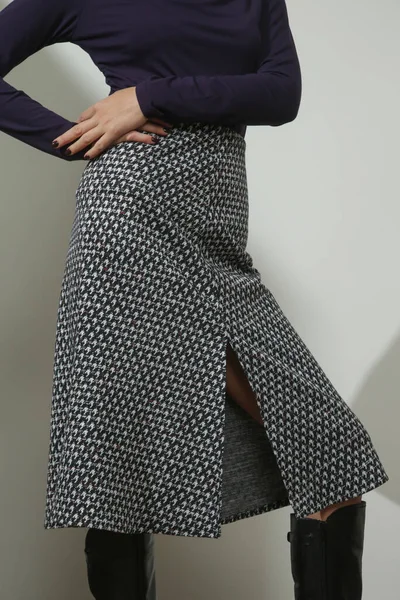 セリエのスタジオ写真の若い女性モデル身に着けているビスコースフィットシャツとパターンのウールミディスカート — ストック写真
