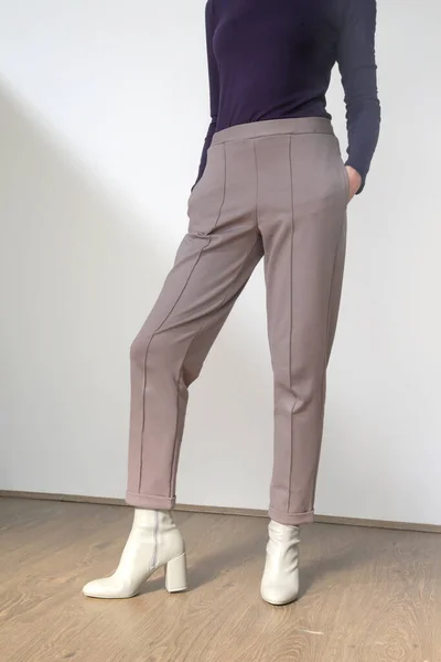 Modelo Feminino Vestindo Cinza Inteligente Casual Calças Alta Ascensão Estúdio — Fotografia de Stock
