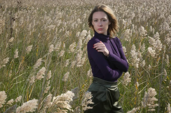 紫色のタートルネックと緑のズボンの牧草地にポーズの女性モデルの写真のセリエ 自然光と屋外ファッションの肖像画 — ストック写真