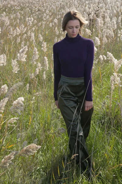 Серия Фотографий Женщины Модели Фиолетовой Водолазке Зеленых Брюках Позирующих Лугу — стоковое фото