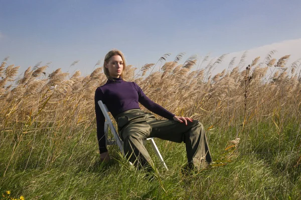 紫色のタートルネックと緑のズボンの牧草地にポーズの女性モデルの写真のセリエ 自然光と屋外ファッションの肖像画 — ストック写真
