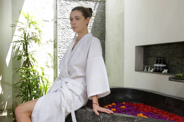 Relaxed Young Woman Wrapped White Cotton Robe Spa Salon Waiting — Stockfoto