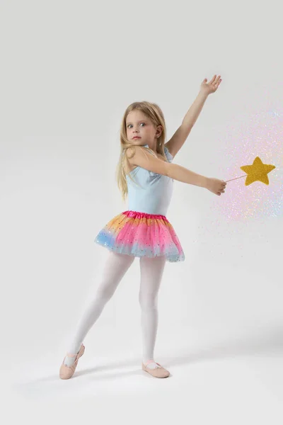 Studio Portrait Beautiful Little Princess Holding Star Shaped Magic Wand — Stock Photo, Image