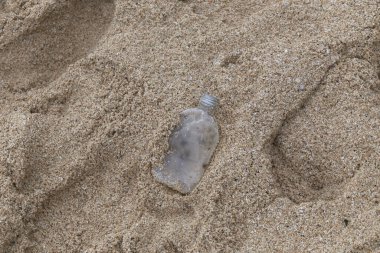 Kumsaldaki plastik çöpler. Plastik kirliliği kavramı. Tek kullanımlık plastik gezegenimizi yok eden ve sularımızı, deniz yaşamlarımızı ve insanlarımızı etkileyen bir insan bağımlılığıdır..