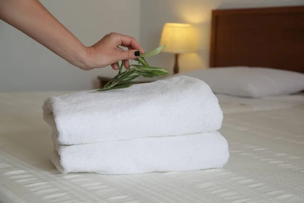 Oda Servisi Otel Odasında Havlu Değiştiren Kadın Housecleaner Yatağa Havlu — Stok fotoğraf