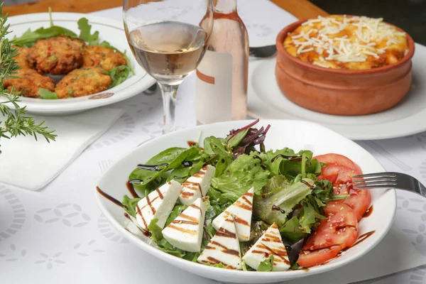 Various Mediterranean Dishes Served Restaurant Table —  Fotos de Stock
