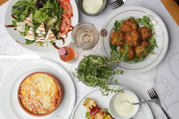 Various Mediterranean Dishes Served Restaurant Table — Stockfoto