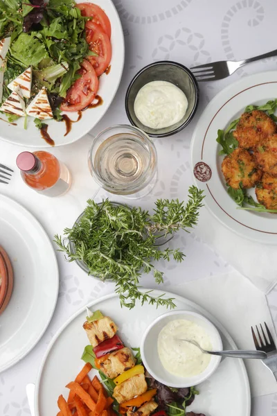 Various Mediterranean Dishes Served Restaurant Table — ストック写真